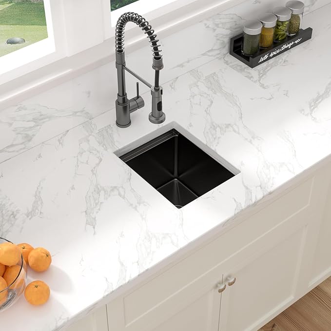 Sarlai 12 黑色吧台水槽 - 工作站吧台准备水槽青铜黑色台下单碗小杆户外 16 号不锈钢 RV 厨房水槽盆 - 图片 3