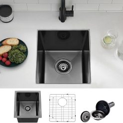 9x15 Inch Undermount Black Bar Sink, 9 Inch Black Undermount Small Kitchen Sink, 9"x15" 16 Gauge Under Mount Outdoor Sinks RV Sink