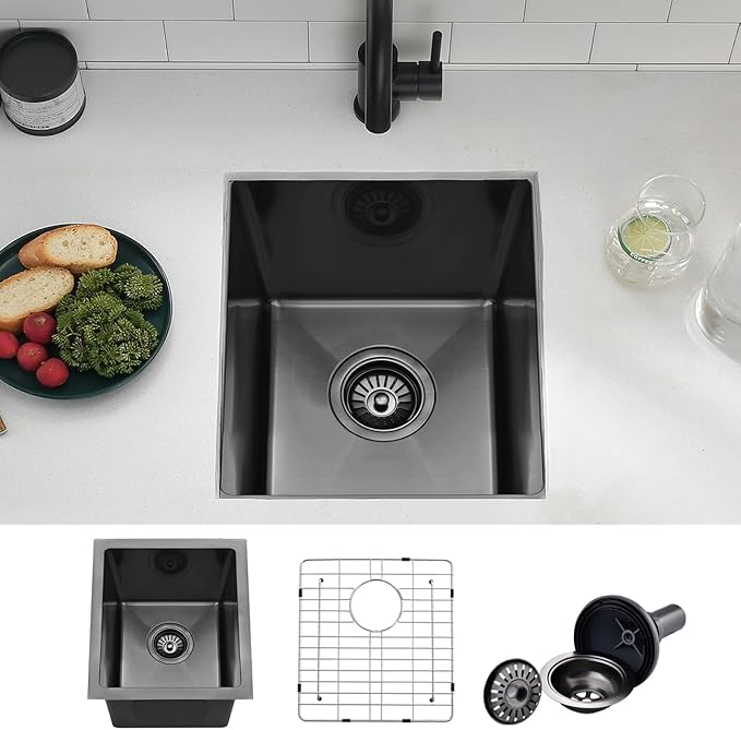 9x15 Inch Undermount Black Bar Sink, 9 Inch Black Undermount Small Kitchen Sink, 9"x15" 16 Gauge Under Mount Outdoor Sinks RV Sink