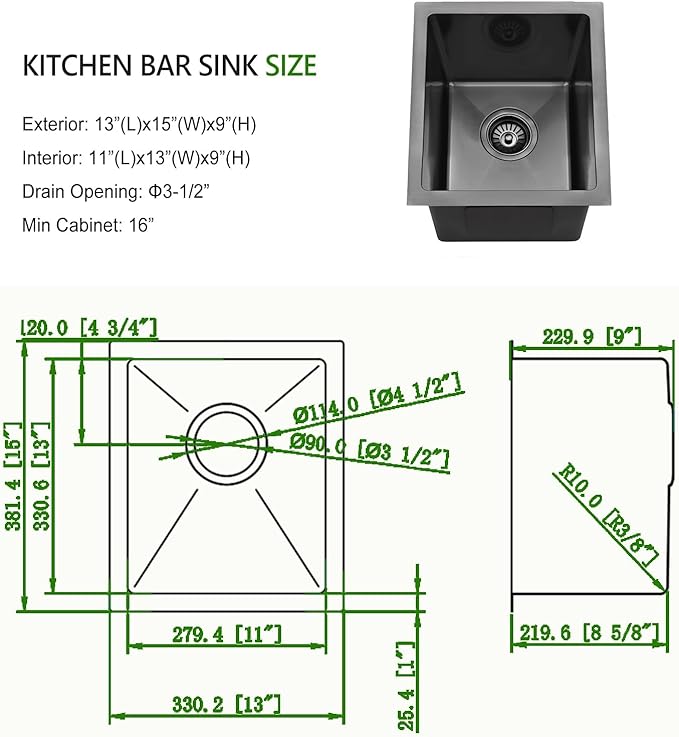 9x15 Inch Undermount Black Bar Sink, 9 Inch Black Undermount Small Kitchen Sink, 9"x15" 16 Gauge Under Mount Outdoor Sinks RV Sink - Image 4