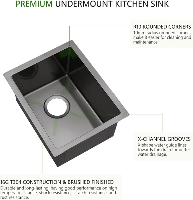 9x15 Inch Undermount Black Bar Sink, 9 Inch Black Undermount Small Kitchen Sink, 9"x15" 16 Gauge Under Mount Outdoor Sinks RV Sink - Image 5