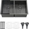 30 Black Stainless Steel Undermount Double Bowl Kitchen Sink,30x20x9.8 Inch Nano Back Stainless Steel Undermount Double Bowl Kitchen Sink with Accesso