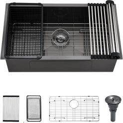 30 Black Stainless Steel Undermount Kitchen Sink, 30" x 17" x 9" 18 Gauge Gunmetal Black Stainless Steel Undermount Kitchen Sink