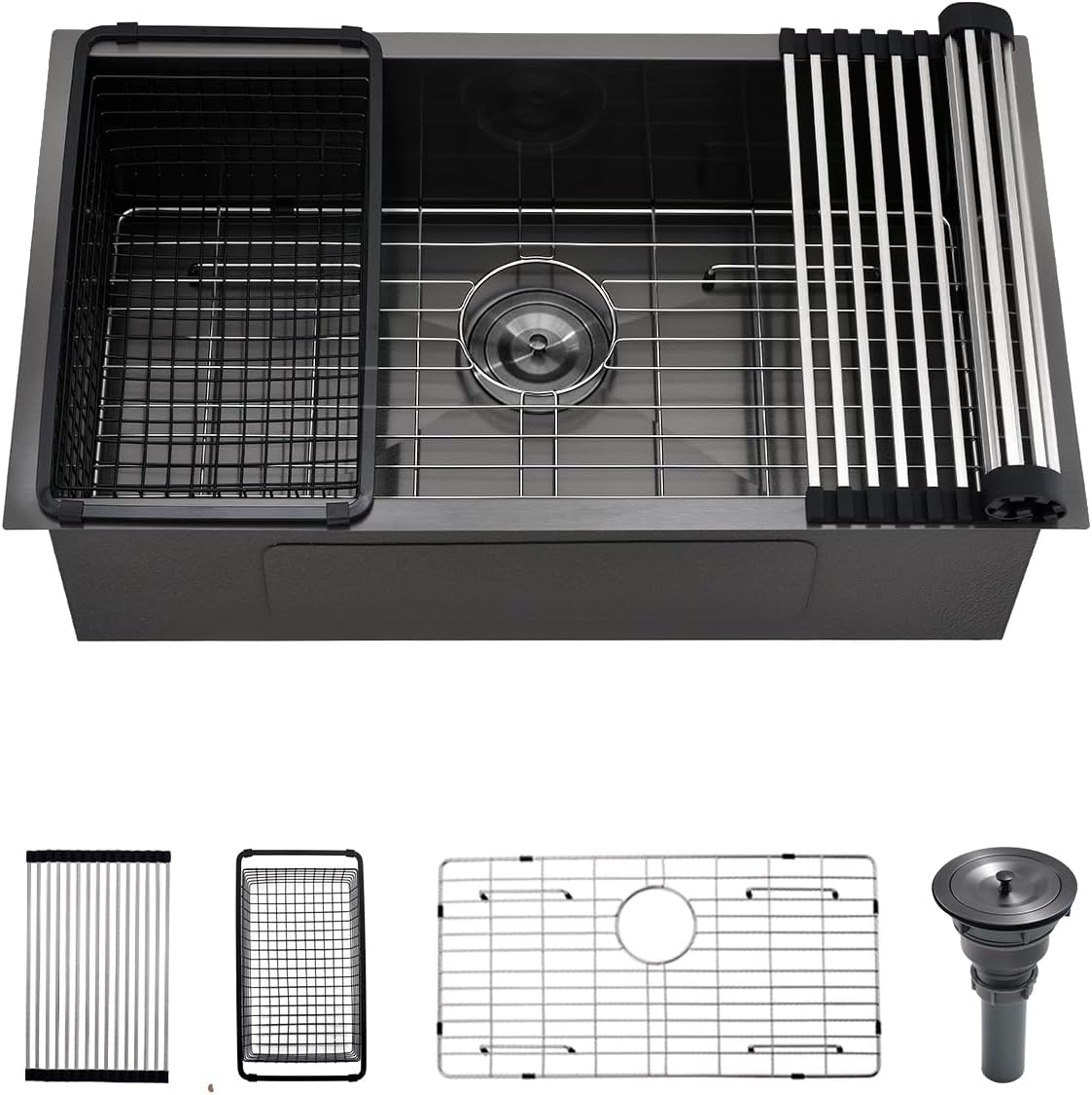 30 Black Stainless Steel Undermount Kitchen Sink, 30" x 17" x 9" 18 Gauge Gunmetal Black Stainless Steel Undermount Kitchen Sink