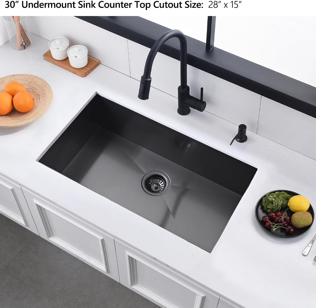 30 Black Stainless Steel Undermount Kitchen Sink, 30" x 17" x 9" 18 Gauge Gunmetal Black Stainless Steel Undermount Kitchen Sink