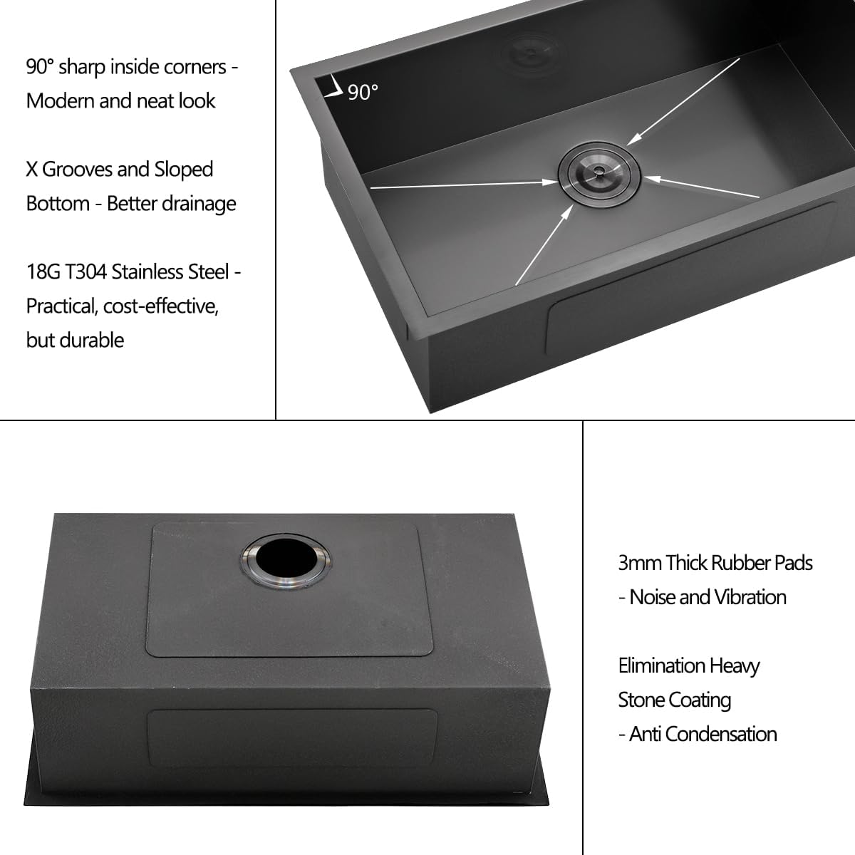 30 Black Stainless Steel Undermount Kitchen Sink, 30" x 17" x 9" 18 Gauge Gunmetal Black Stainless Steel Undermount Kitchen Sink