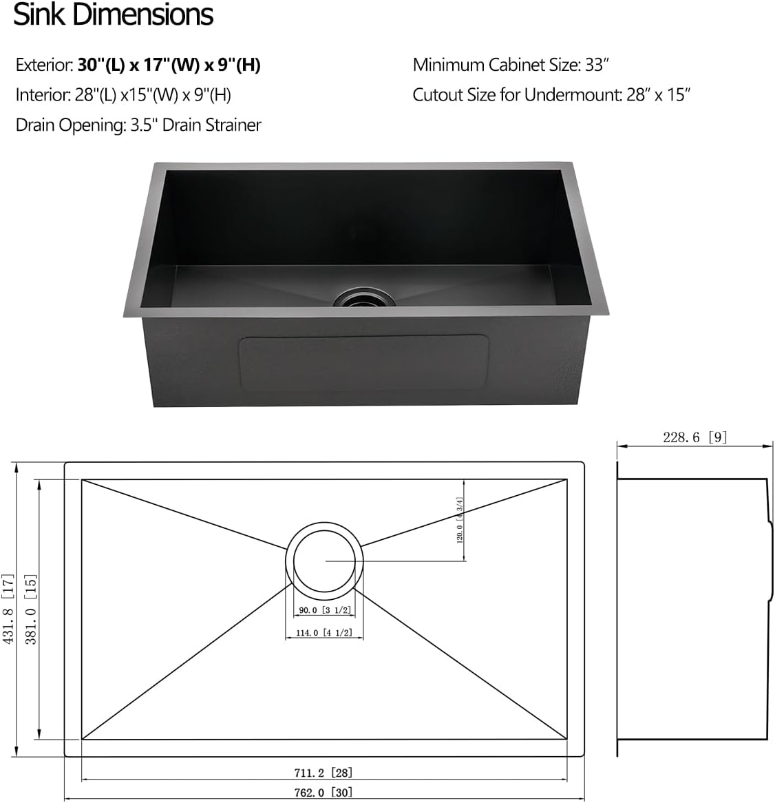 30 Black Stainless Steel Undermount Kitchen Sink, 30" x 17" x 9" 18 Gauge Gunmetal Black Stainless Steel Undermount Kitchen Sink