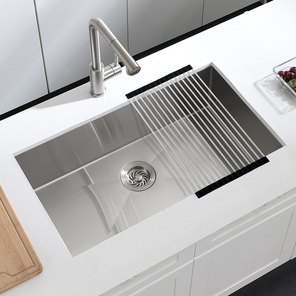 30 Stainless Steel Kitchen Sink Undermount, 30 x 17 x 9 In Stainless Steel Sink 16 Gauge Single Bowl Kitchen Sink Under-mount with Bottom Grid & Rolle