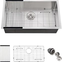 30 Stainless Steel Kitchen Sink Undermount, 30 x 17 x 9 In Stainless Steel Sink 16 Gauge Single Bowl Kitchen Sink Under-mount with Bottom Grid & Rolle