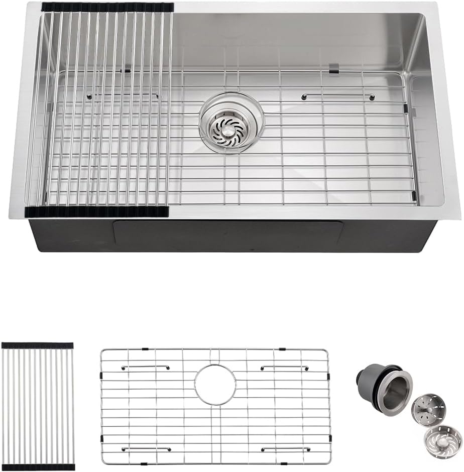 30 Stainless Steel Kitchen Sink Undermount, 30 x 17 x 9 In Stainless Steel Sink 16 Gauge Single Bowl Kitchen Sink Under-mount with Bottom Grid & Rolle