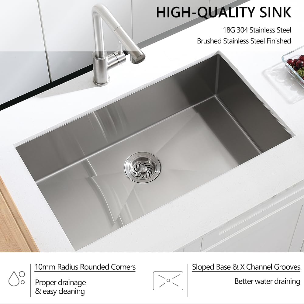 30 Stainless Steel Kitchen Sink Undermount, 30 x 17 x 9 In Stainless Steel Sink 16 Gauge Single Bowl Kitchen Sink Under-mount with Bottom Grid & Rolle