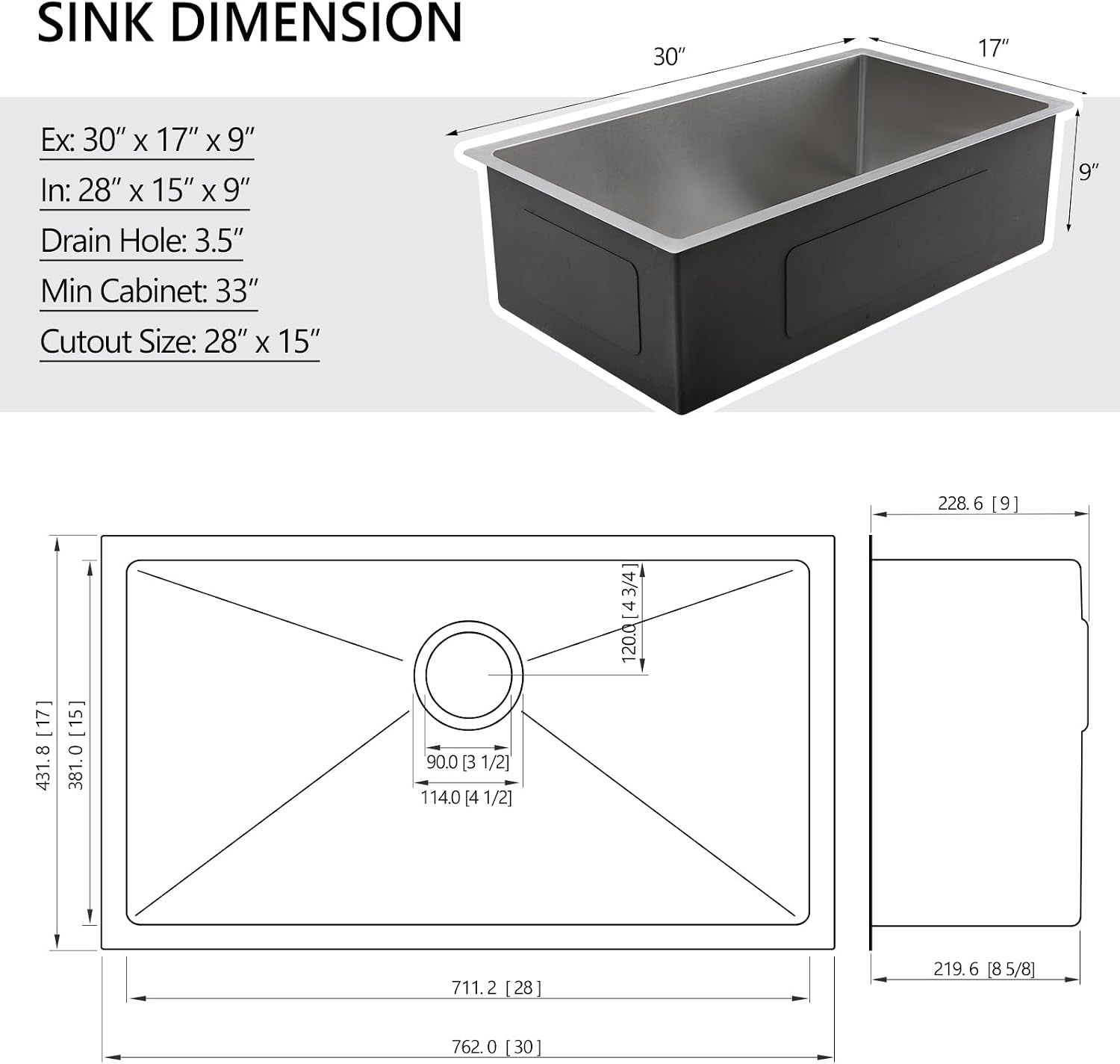 30 Stainless Steel Kitchen Sink Undermount, 30 x 17 x 9 In Stainless Steel Sink 16 Gauge Single Bowl Kitchen Sink Under-mount with Bottom Grid & Rolle