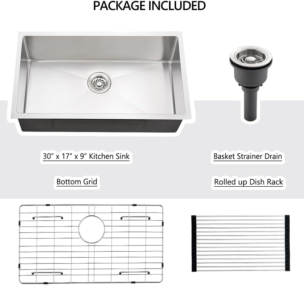 30 Stainless Steel Kitchen Sink Undermount, 30 x 17 x 9 In Stainless Steel Sink 16 Gauge Single Bowl Kitchen Sink Under-mount with Bottom Grid & Rolle