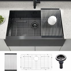 30x20 Black Undermount Farm House Sink, 30 Inch 16Gauge Black Stainless Steel Single Bowl Apron Front Farmer Kitchen Sink