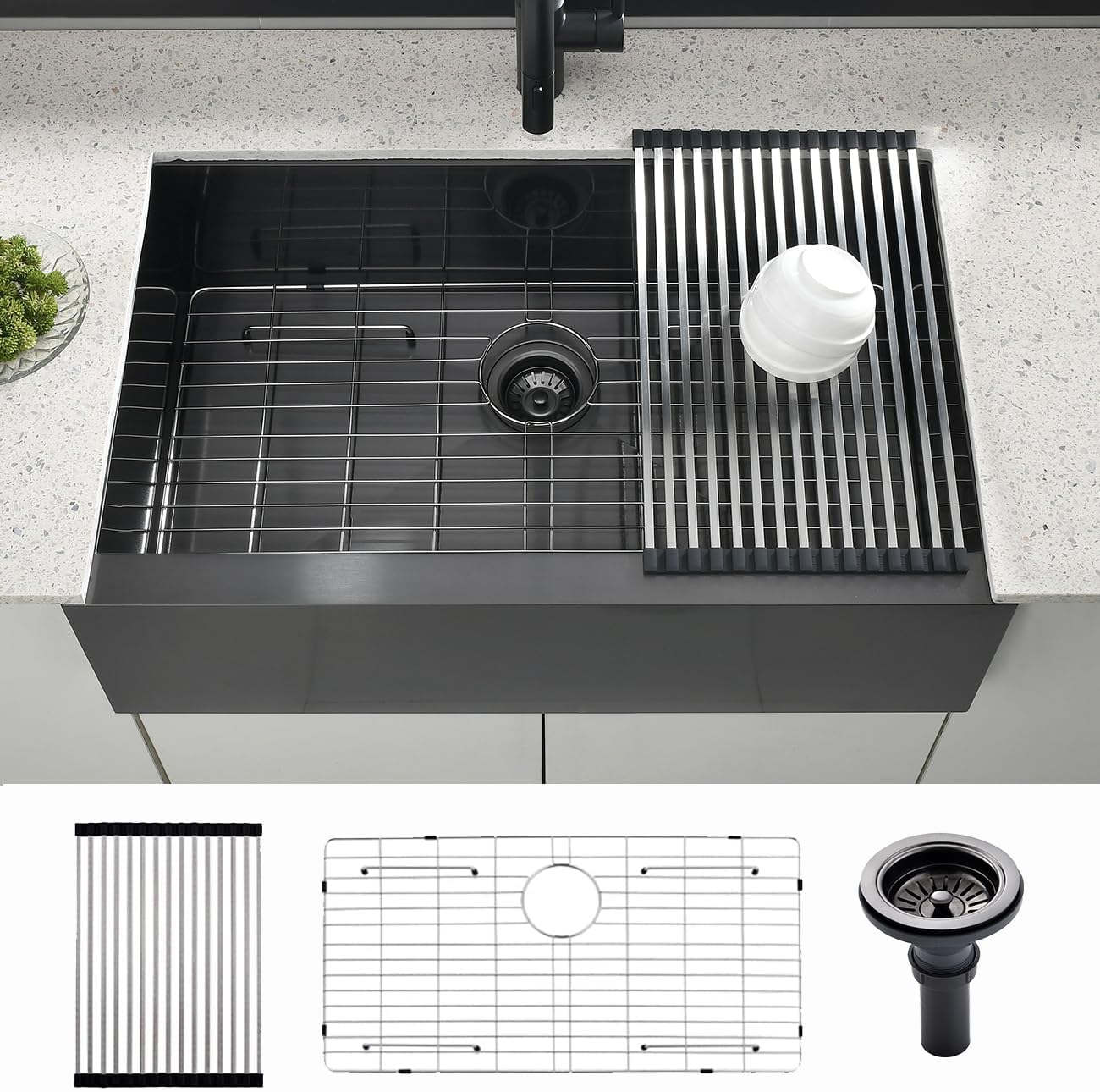 30x20 Black Undermount Farm House Sink, 30 Inch 16Gauge Black Stainless Steel Single Bowl Apron Front Farmer Kitchen Sink