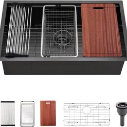 32 Black Undermount Kitchen Sink, 32 x 19 x 10 In Black Stainless Steel Workstation Kitchen Sink 16 Gauge Single Bowl Sink with Accessories