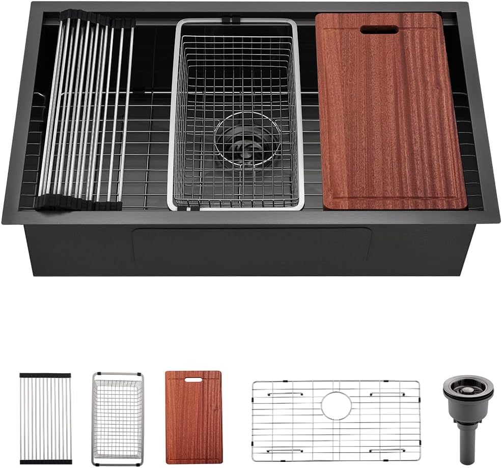 32 Black Undermount Kitchen Sink, 32 x 19 x 10 In Black Stainless Steel Workstation Kitchen Sink 16 Gauge Single Bowl Sink with Accessories