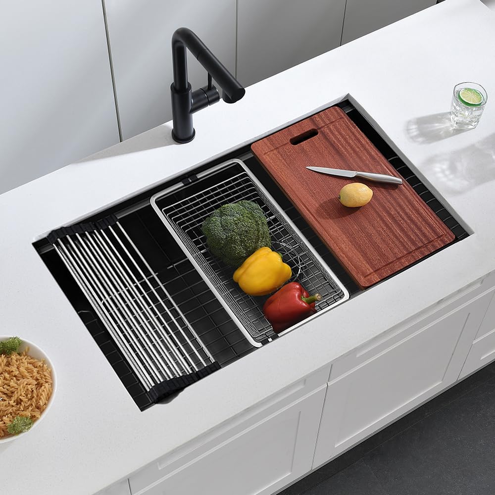 32 Black Undermount Kitchen Sink, 32 x 19 x 10 In Black Stainless Steel Workstation Kitchen Sink 16 Gauge Single Bowl Sink with Accessories