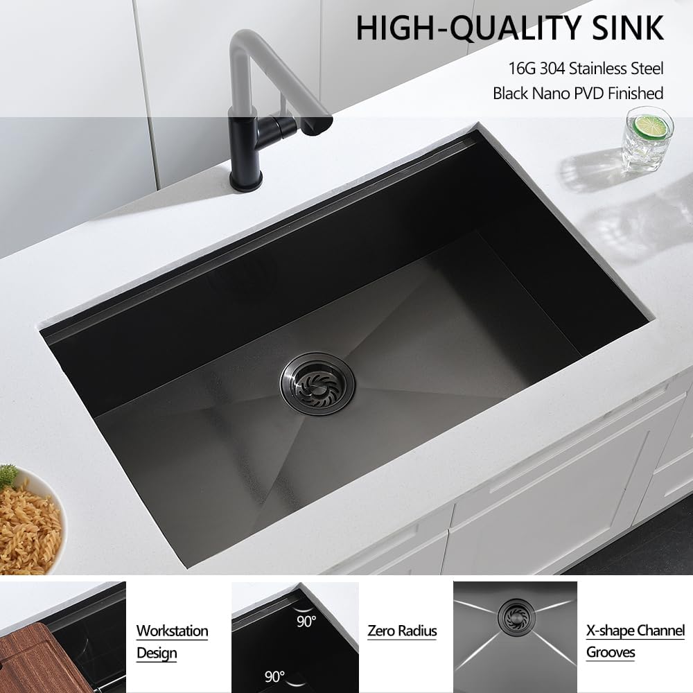 32 Black Undermount Kitchen Sink, 32 x 19 x 10 In Black Stainless Steel Workstation Kitchen Sink 16 Gauge Single Bowl Sink with Accessories