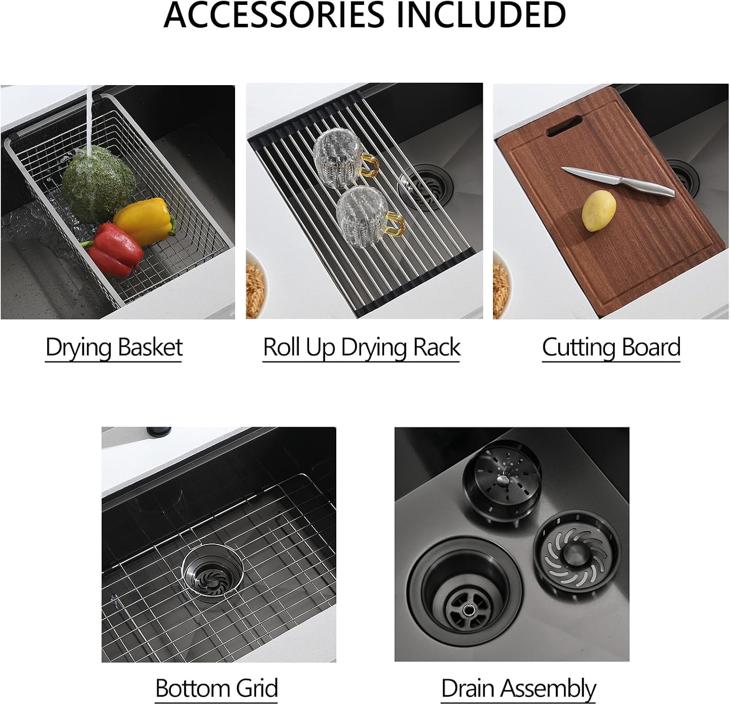 32 Black Undermount Kitchen Sink, 32 x 19 x 10 In Black Stainless Steel Workstation Kitchen Sink 16 Gauge Single Bowl Sink with Accessories
