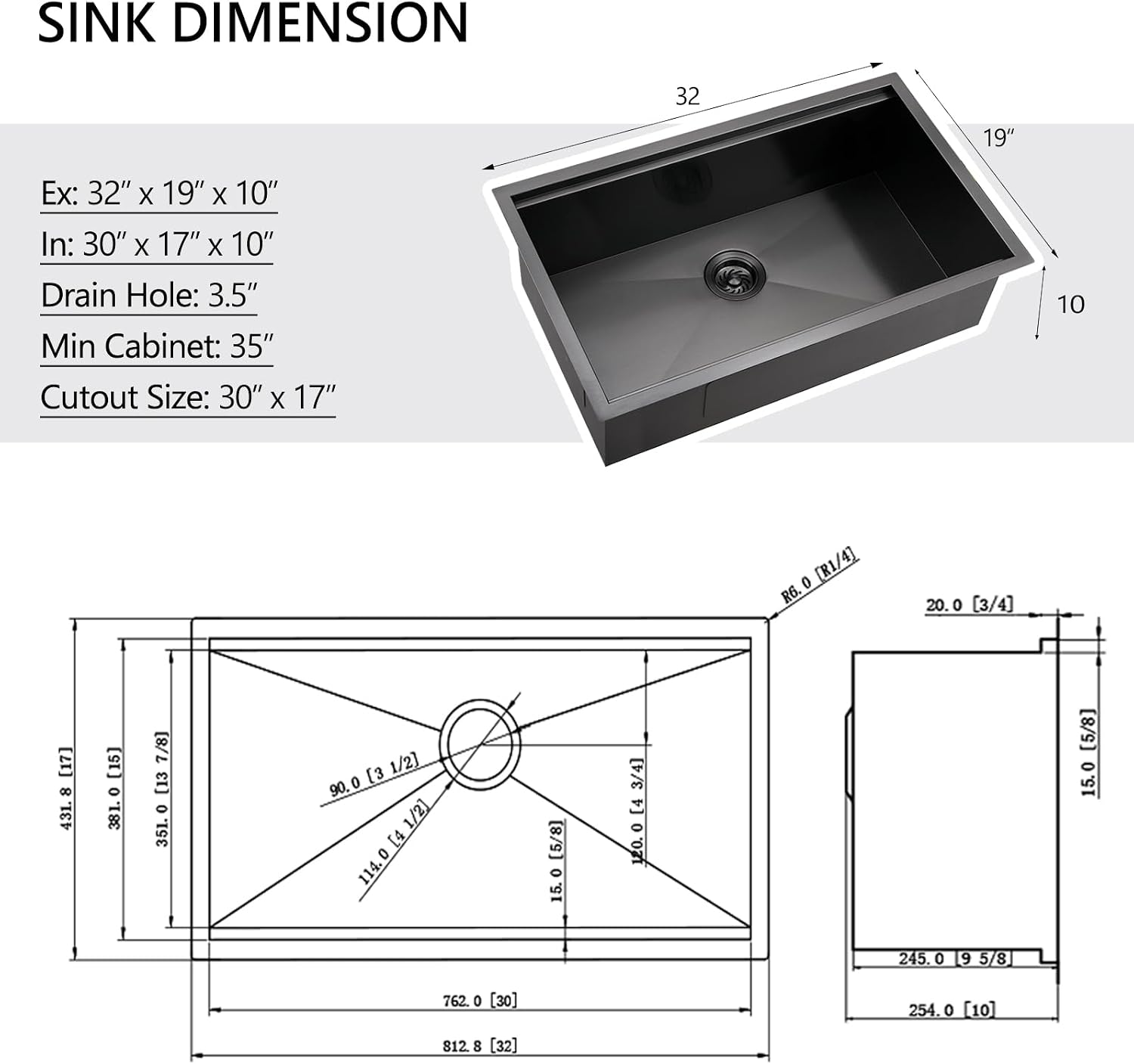 32 Black Undermount Kitchen Sink, 32 x 19 x 10 In Black Stainless Steel Workstation Kitchen Sink 16 Gauge Single Bowl Sink with Accessories