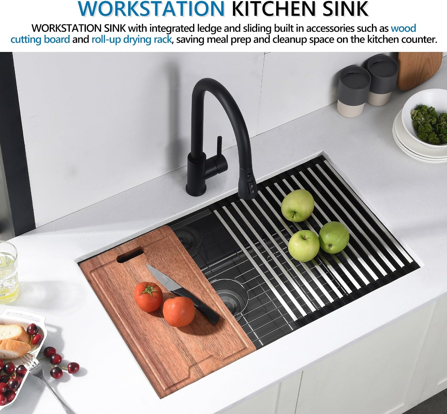 32" Undermount Workstation Kitchen Sink, 16 Gauge T304 Stainless Steel Single Bowl, 32x19x10 Deep Ledge Sink with Cutting Board, Colander & Drying Rac