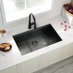 32x19 Black Undermount Kitchen Sink, 32 Inch 16Gauge Black Stainless Steel Undermount Kitchen Sink, Single Bowl Workstation Kitchen Sinks with Built-I