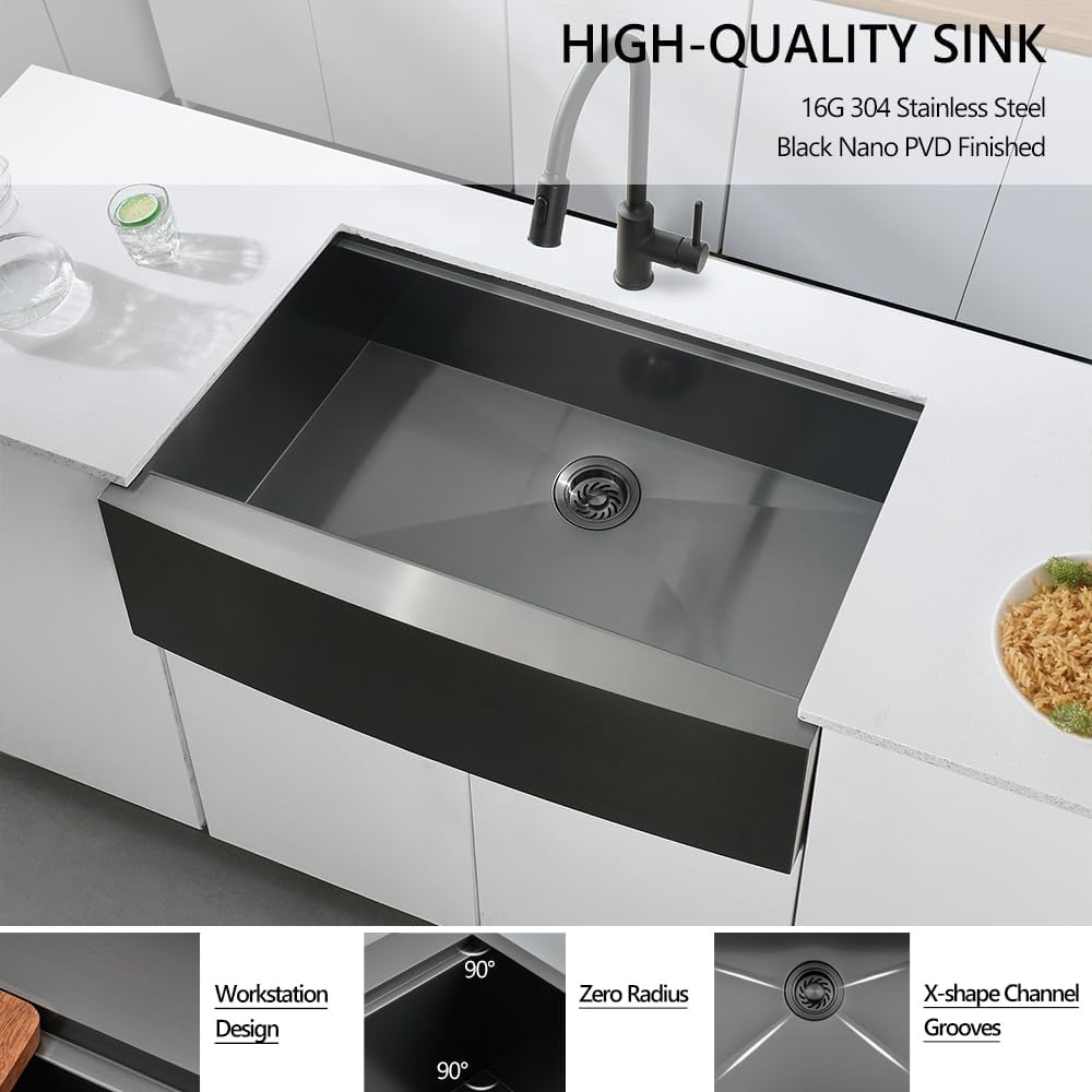 33 Black Unsermount Farmhouse Sink,33x22x10 Inches Farmhouse Kitchen Sink Black Stainless Steel Apront Front Sink with Workstation Ledge Under Mount 1