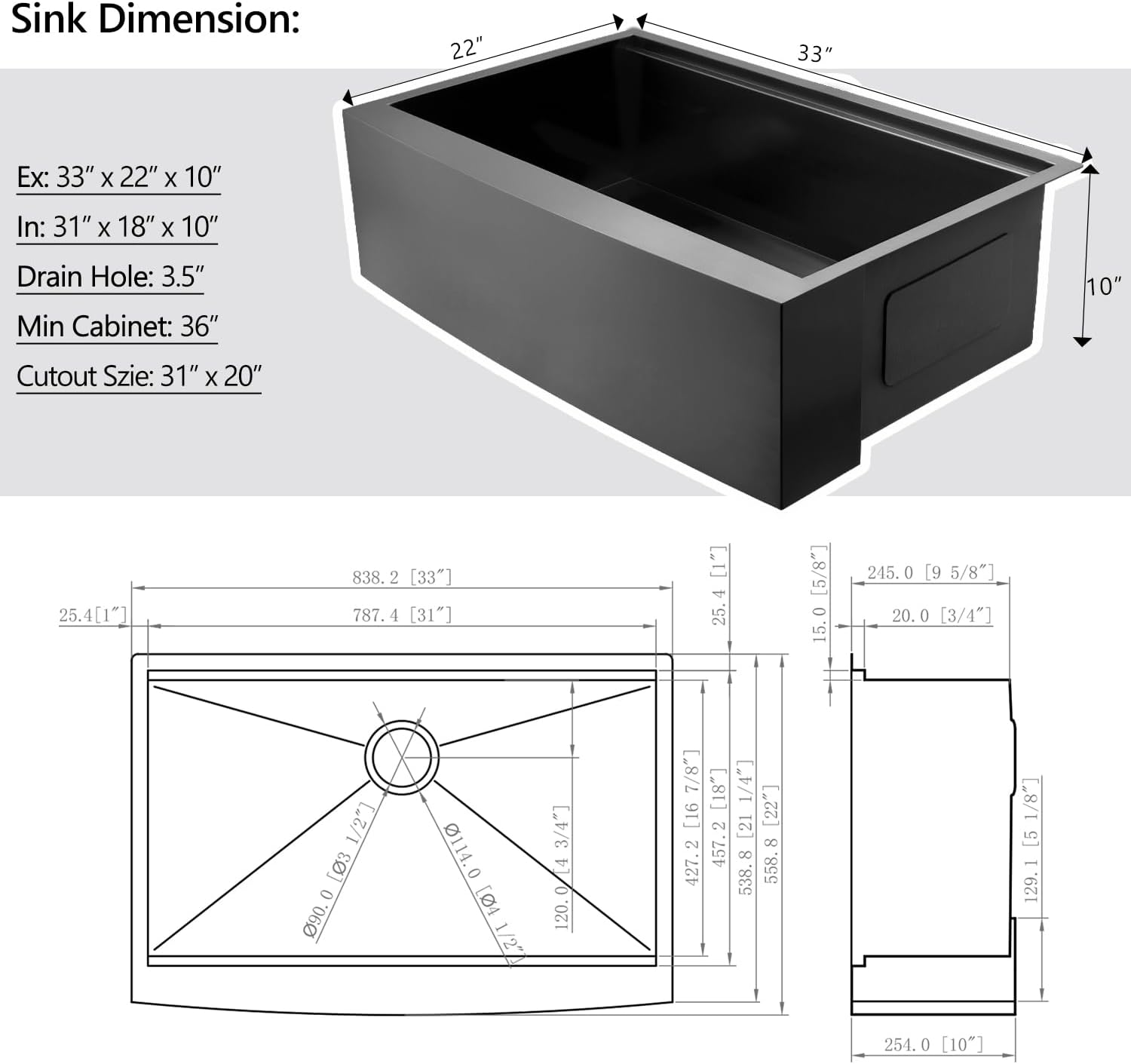 33 Black Unsermount Farmhouse Sink,33x22x10 Inches Farmhouse Kitchen Sink Black Stainless Steel Apront Front Sink with Workstation Ledge Under Mount 1