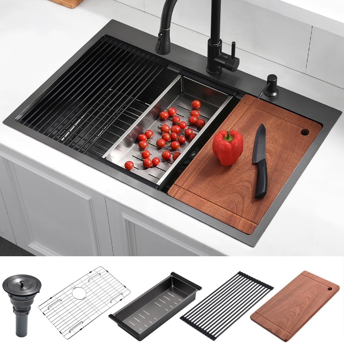 33 Drop In Black Workstation Kitchen Sink, 33x22 Inches 16 Gauge Nano Black Stainless Steel Sink Topmount Workstation Single Bowl Kitchen Sink