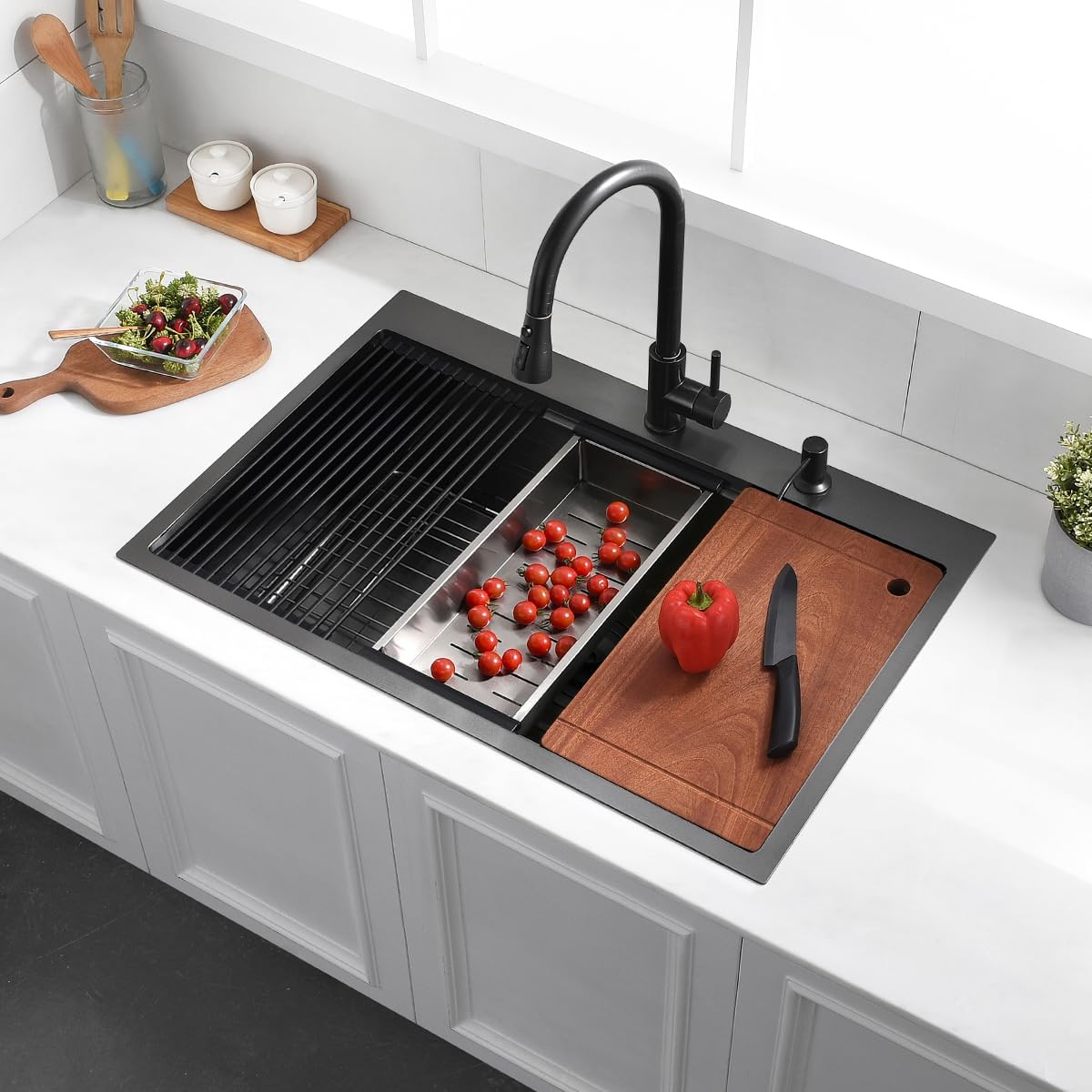 33 Drop In Black Workstation Kitchen Sink, 33x22 Inches 16 Gauge Nano Black Stainless Steel Sink Topmount Workstation Single Bowl Kitchen Sink