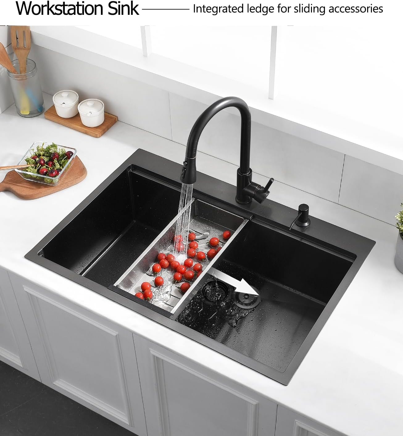 33 Drop In Black Workstation Kitchen Sink, 33x22 Inches 16 Gauge Nano Black Stainless Steel Sink Topmount Workstation Single Bowl Kitchen Sink