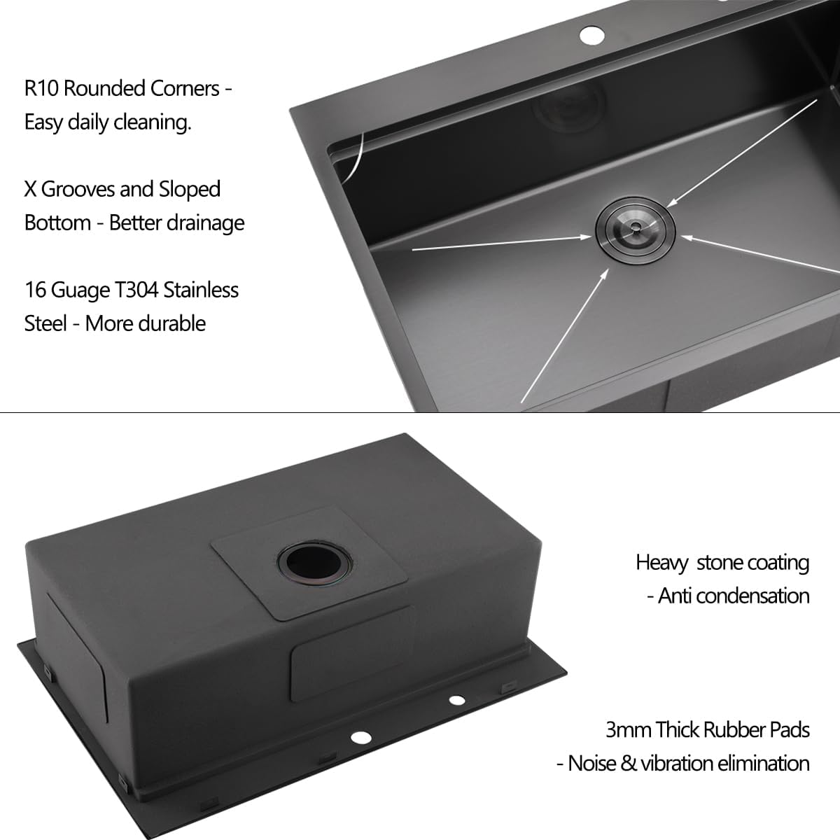 33 Drop In Black Workstation Kitchen Sink, 33x22 Inches 16 Gauge Nano Black Stainless Steel Sink Topmount Workstation Single Bowl Kitchen Sink