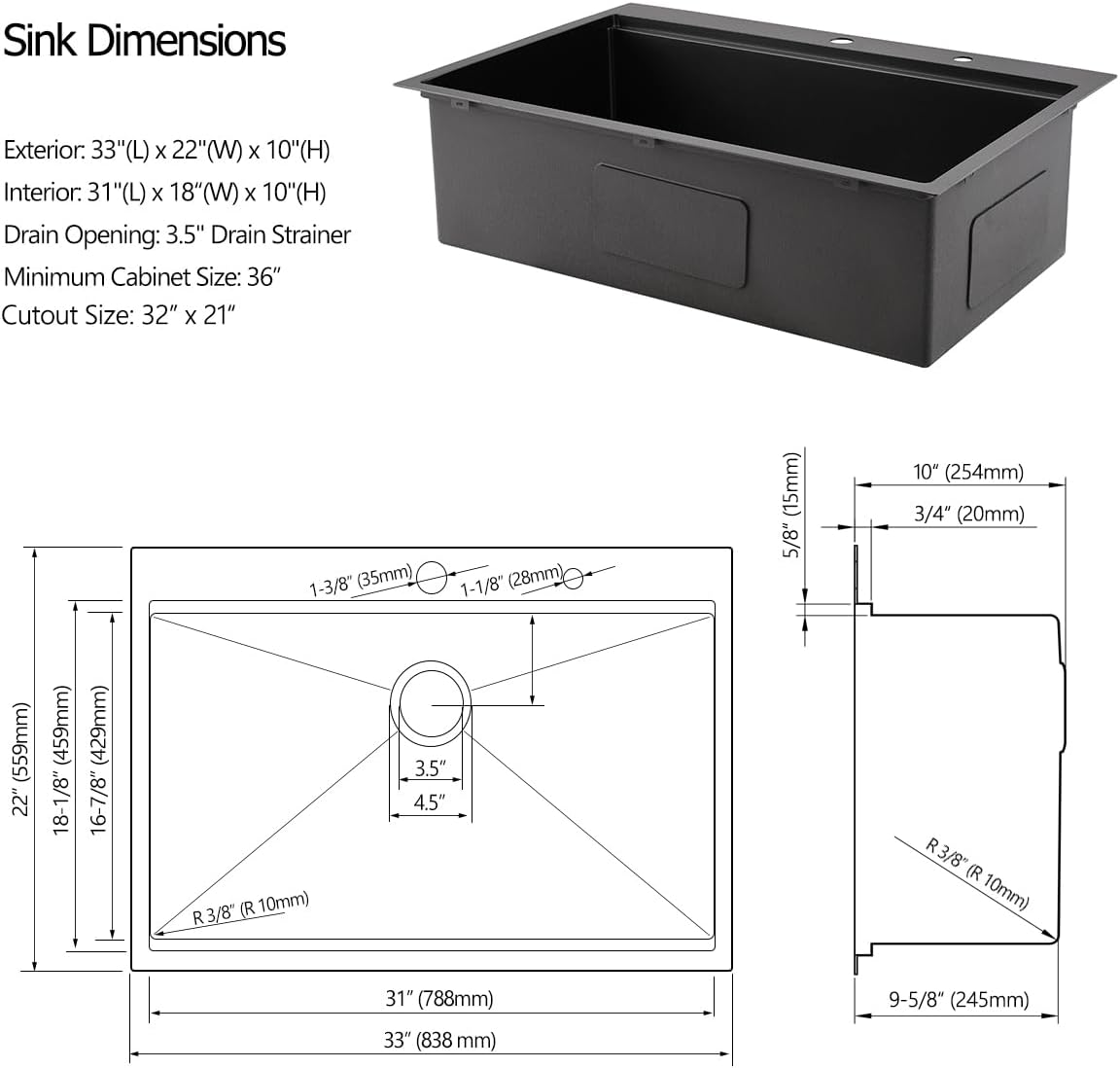 33 Drop In Black Workstation Kitchen Sink, 33x22 Inches 16 Gauge Nano Black Stainless Steel Sink Topmount Workstation Single Bowl Kitchen Sink