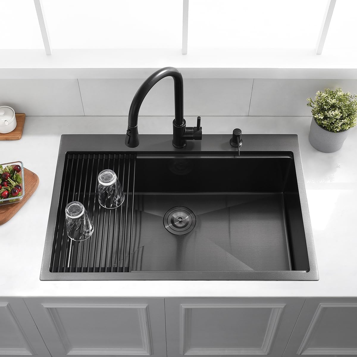 33 Drop In Black Workstation Kitchen Sink, 33x22 Inches 16 Gauge Nano Black Stainless Steel Sink Topmount Workstation Single Bowl Kitchen Sink