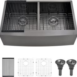 33 Inch Gunmetal Black Undermount Double Bowl Kitchen Farmhouse Sink,16 Gauge Deep Gunmetal Black Stainless Steel 33x20 Undermount Double Bowl Kitchen