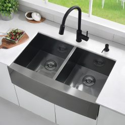 33 Inch Gunmetal Black Undermount Double Bowl Kitchen Farmhouse Sink,16 Gauge Deep Gunmetal Black Stainless Steel 33x20 Undermount Double Bowl Kitchen
