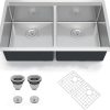 33 Inch Undermount Double Bowl Kitchen Sink, Brushed Finish,with Bottom Grid and Drain Strainer