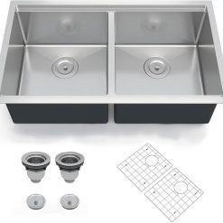 33 Inch Undermount Double Bowl Kitchen Sink, Brushed Finish,with Bottom Grid and Drain Strainer