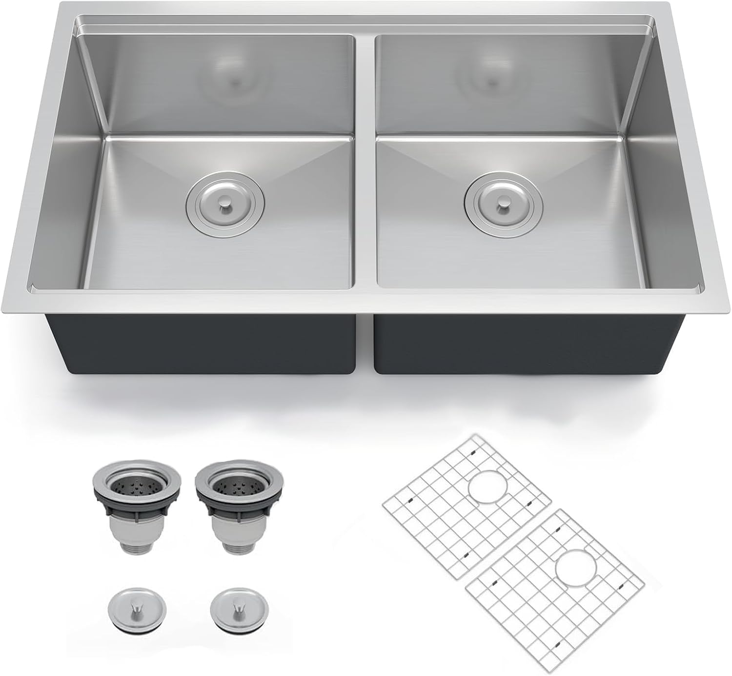 33 Inch Undermount Double Bowl Kitchen Sink, Brushed Finish,with Bottom Grid and Drain Strainer