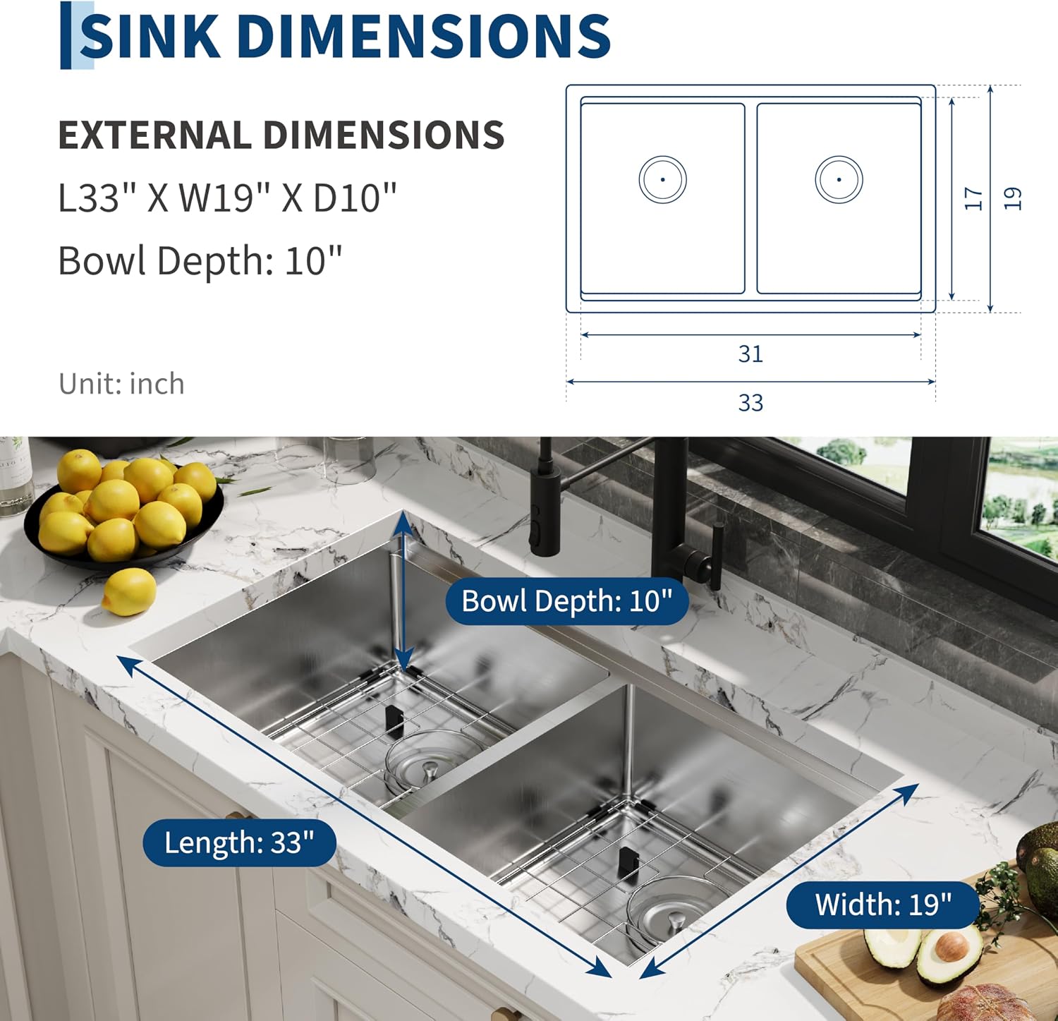 33 Inch Undermount Double Bowl Kitchen Sink, Brushed Finish,with Bottom Grid and Drain Strainer