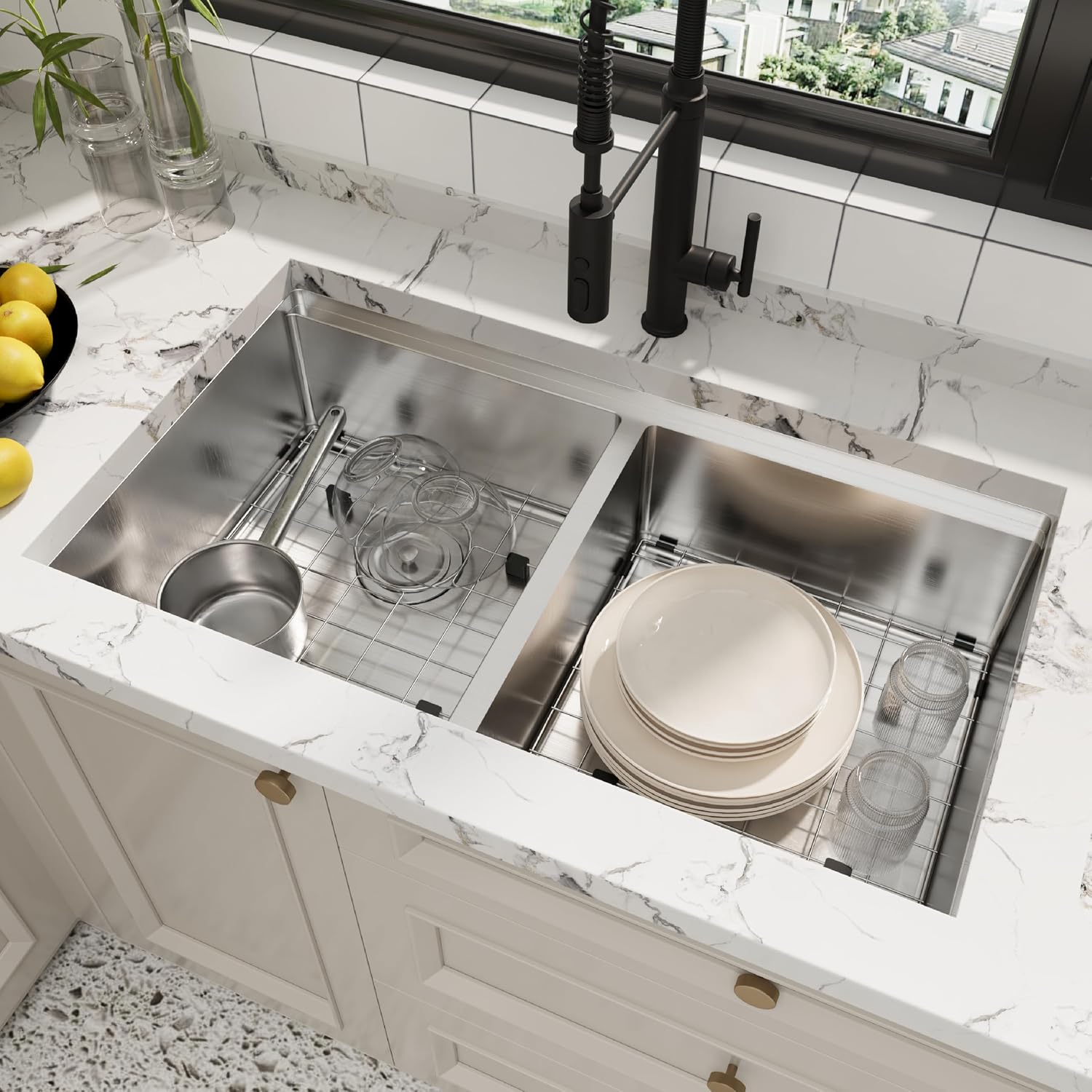 33 Inch Undermount Double Bowl Kitchen Sink, Brushed Finish,with Bottom Grid and Drain Strainer
