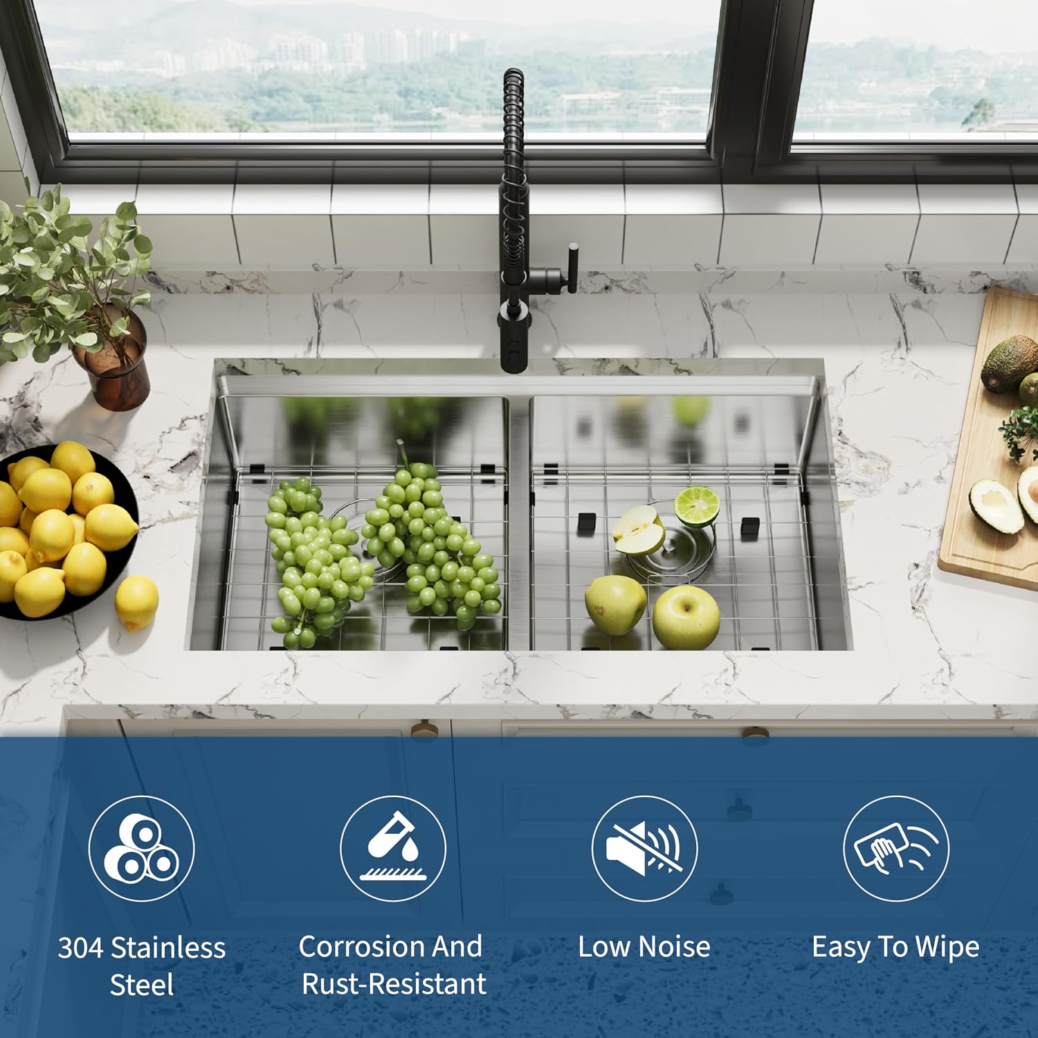 33 Inch Undermount Double Bowl Kitchen Sink, Brushed Finish,with Bottom Grid and Drain Strainer