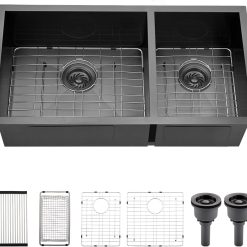 33x17 Black Double Bowl Kitchen Sink Undermount,33x17x9 Inches 16 Gauge Black Stainless Steel Undermount 60/40 Double Sink with
