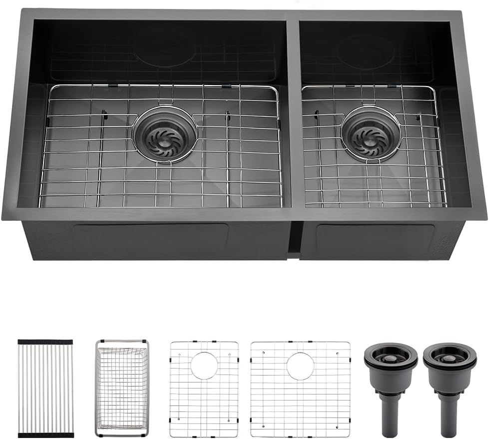 33x17 Black Double Bowl Kitchen Sink Undermount,33x17x9 Inches 16 Gauge Black Stainless Steel Undermount 60/40 Double Sink with