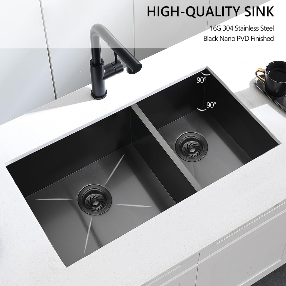 33x17 Black Double Bowl Kitchen Sink Undermount,33x17x9 Inches 16 Gauge Black Stainless Steel Undermount 60/40 Double Sink with