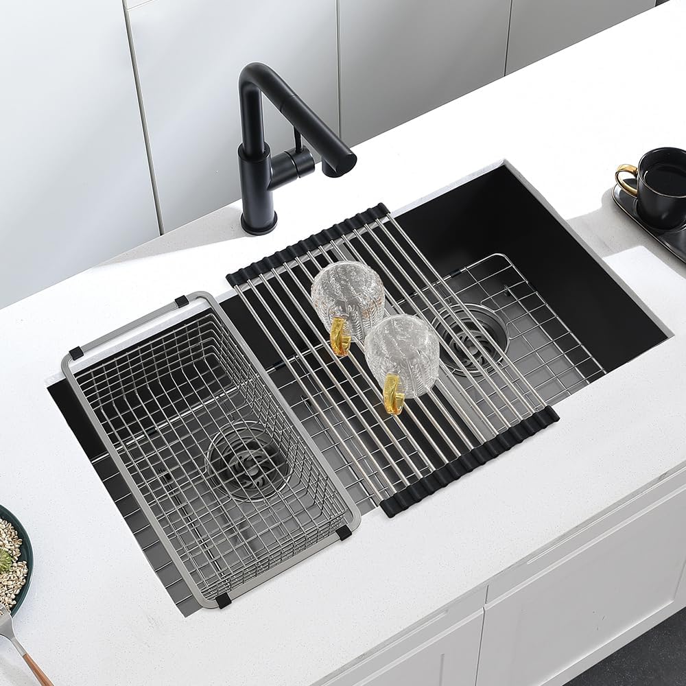 33x17 Black Double Bowl Kitchen Sink Undermount,33x17x9 Inches 16 Gauge Black Stainless Steel Undermount 60/40 Double Sink with