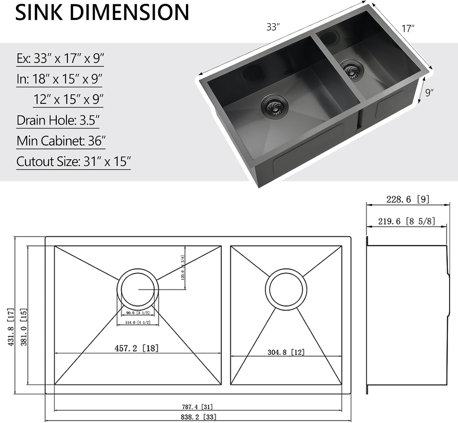 33x17 Black Double Bowl Kitchen Sink Undermount,33x17x9 Inches 16 Gauge Black Stainless Steel Undermount 60/40 Double Sink with