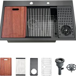 33x19 Drop In Black Kitchen Sink with Glass Rinser, 33x19x10 Inches Drop In 16 Gauge Gunmetal Black Stainless Steel Single Bowl Workstation Kitchen Si