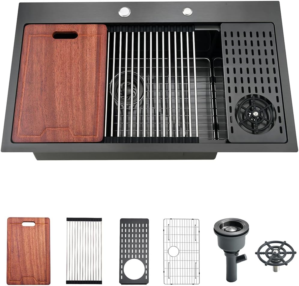 33x19 Drop In Black Kitchen Sink with Glass Rinser, 33x19x10 Inches Drop In 16 Gauge Gunmetal Black Stainless Steel Single Bowl Workstation Kitchen Si